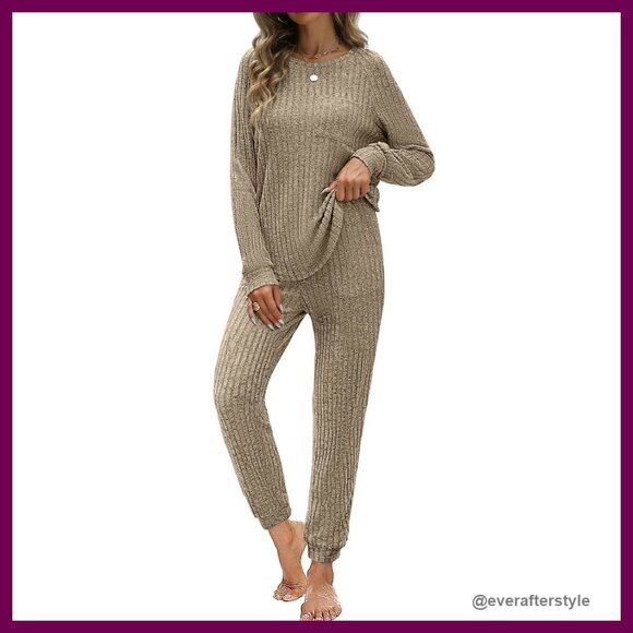 Ribbed Knit Lounge Set Two Piece Loungewear Jogging Sweatsuit Cozy Chic